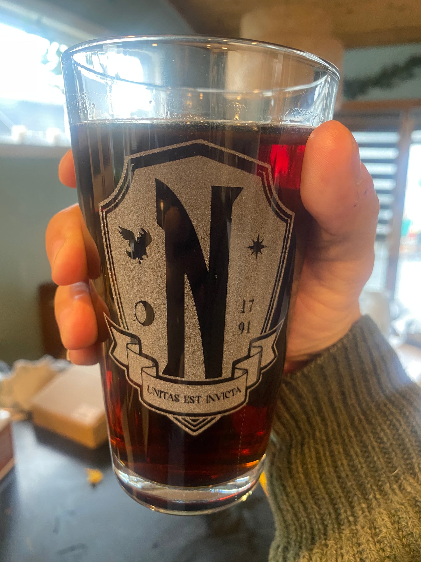 Nvermore Academy Beer Pub Pint Glass, Wednesday Addams fan glass - Geek House Creations