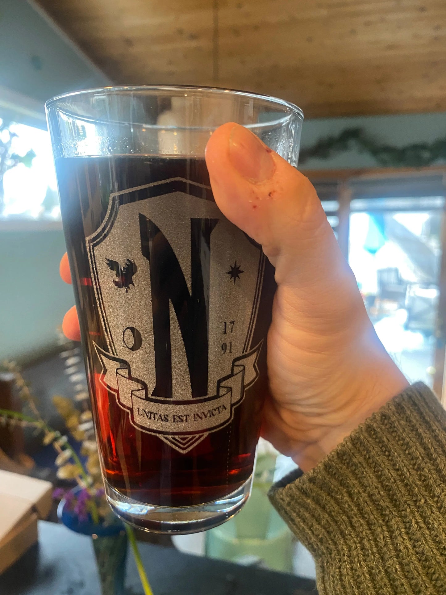 Nvermore Academy Beer Pub Pint Glass, Wednesday Addams fan glass - Geek House Creations