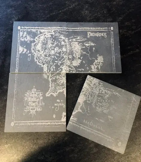 Map of Middle Earth laser engraved on a set of slate coasters, , from Fellowship of the Ring, LOTR Art - Geek House Creations