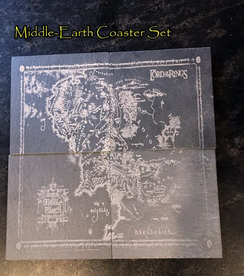 Map of Middle Earth laser engraved on a set of slate coasters, , from Fellowship of the Ring, LOTR Art - Geek House Creations
