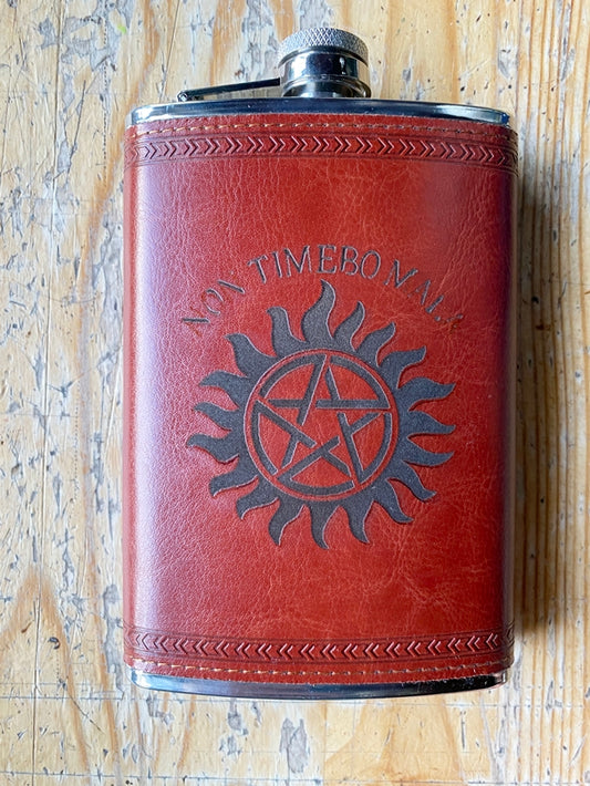 Supernatural Non Timbo Mala Anti-Possession leather covered Flask, 8 oz. from Supernatural TV show - Geek House Creations