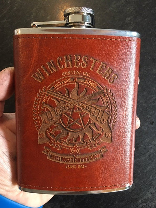 Supernatural Winchesters leather covered Flask, 8 oz. from Supernatural TV show - Geek House Creations