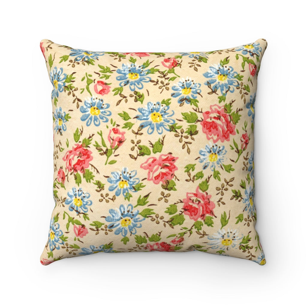 Blue and red flowers on a square pillow
