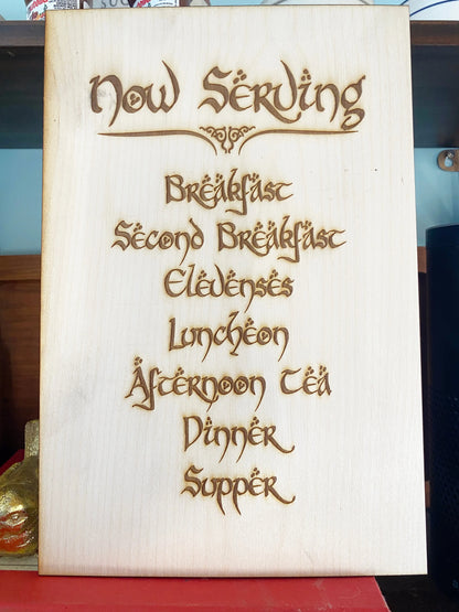 Hobbit Now Serving Elevensies Wall Sign, woodwork pyrography - Geek House Creations