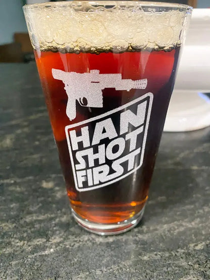 Han Shot First Star Wars Beer Pub Pint Glass - Geek House Creations