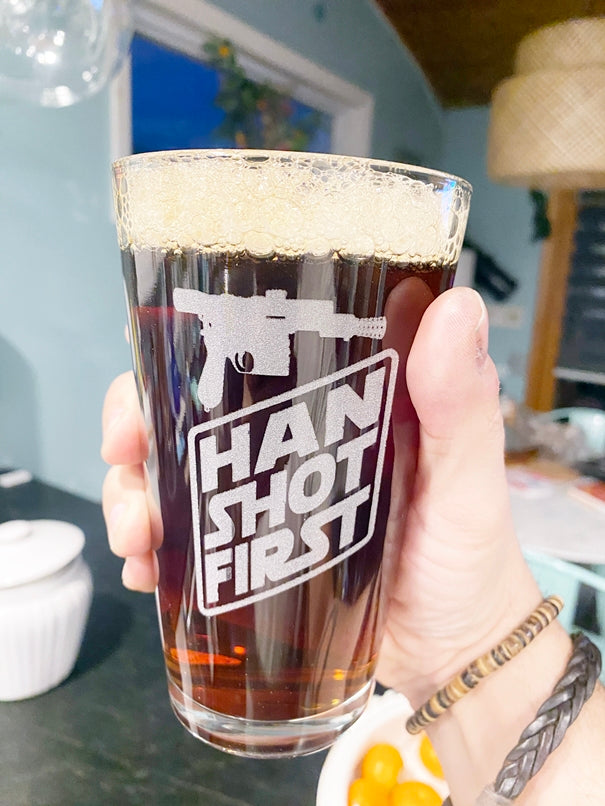 Han Shot First Star Wars Beer Pub Pint Glass - Geek House Creations