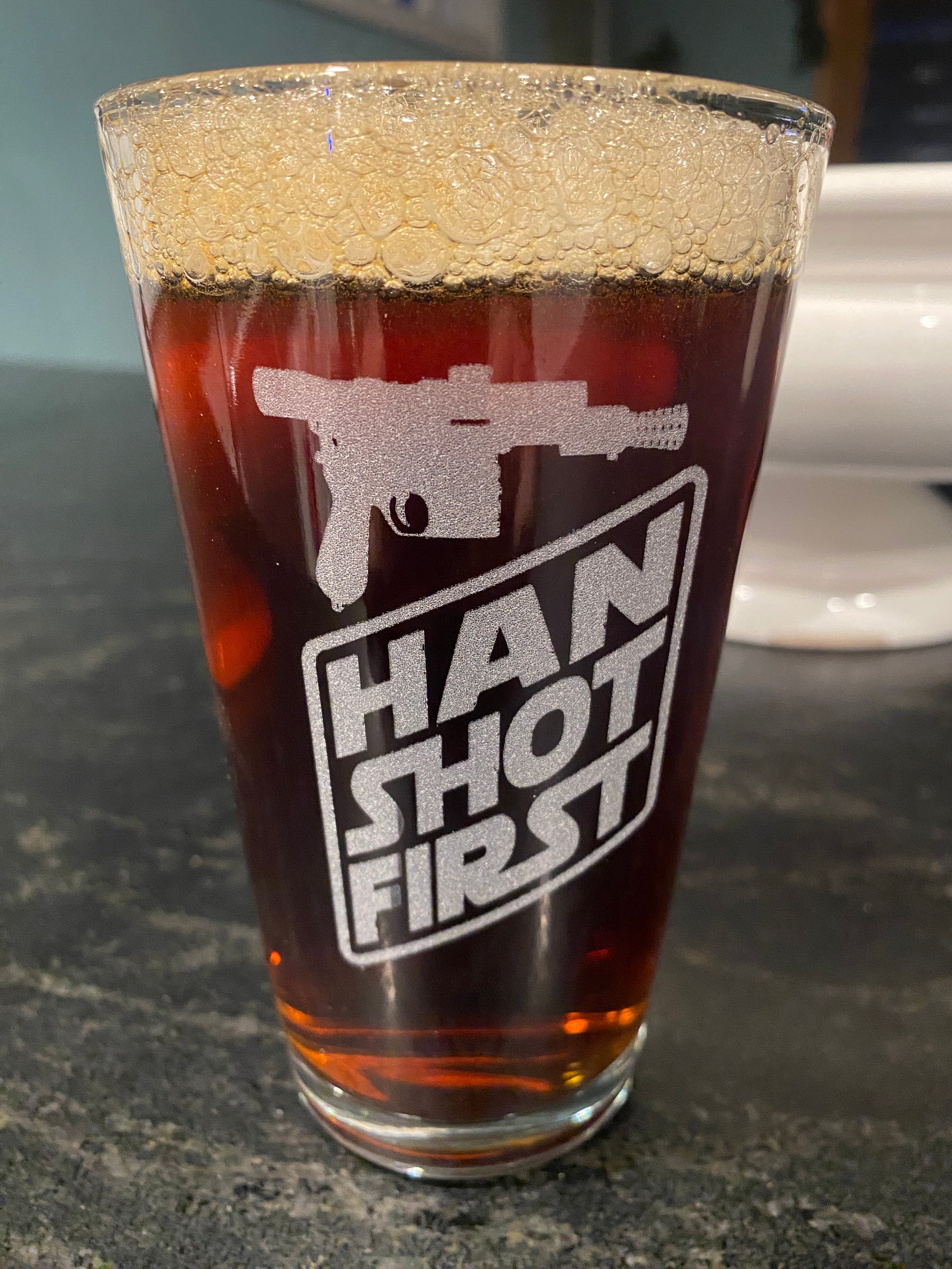 Han Shot First Star Wars Beer Pub Pint Glass - Geek House Creations