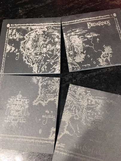 slate coaster set engraved with Middle Earth map LOTR Art