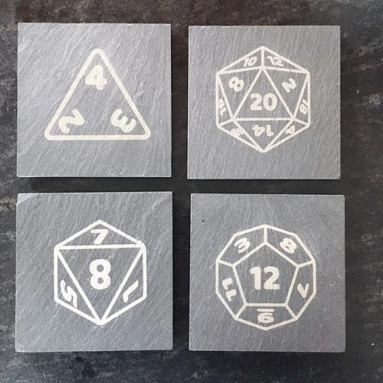 20 sided dice laser engraved on coasters