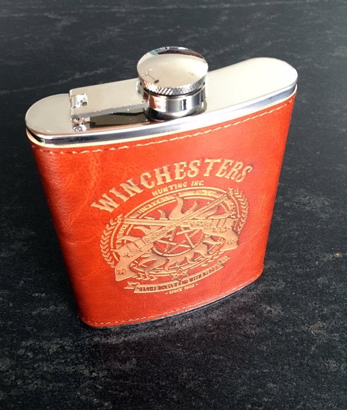 Supernatural Winchesters Leather covered Flask, 8 oz. - Geek House Creations