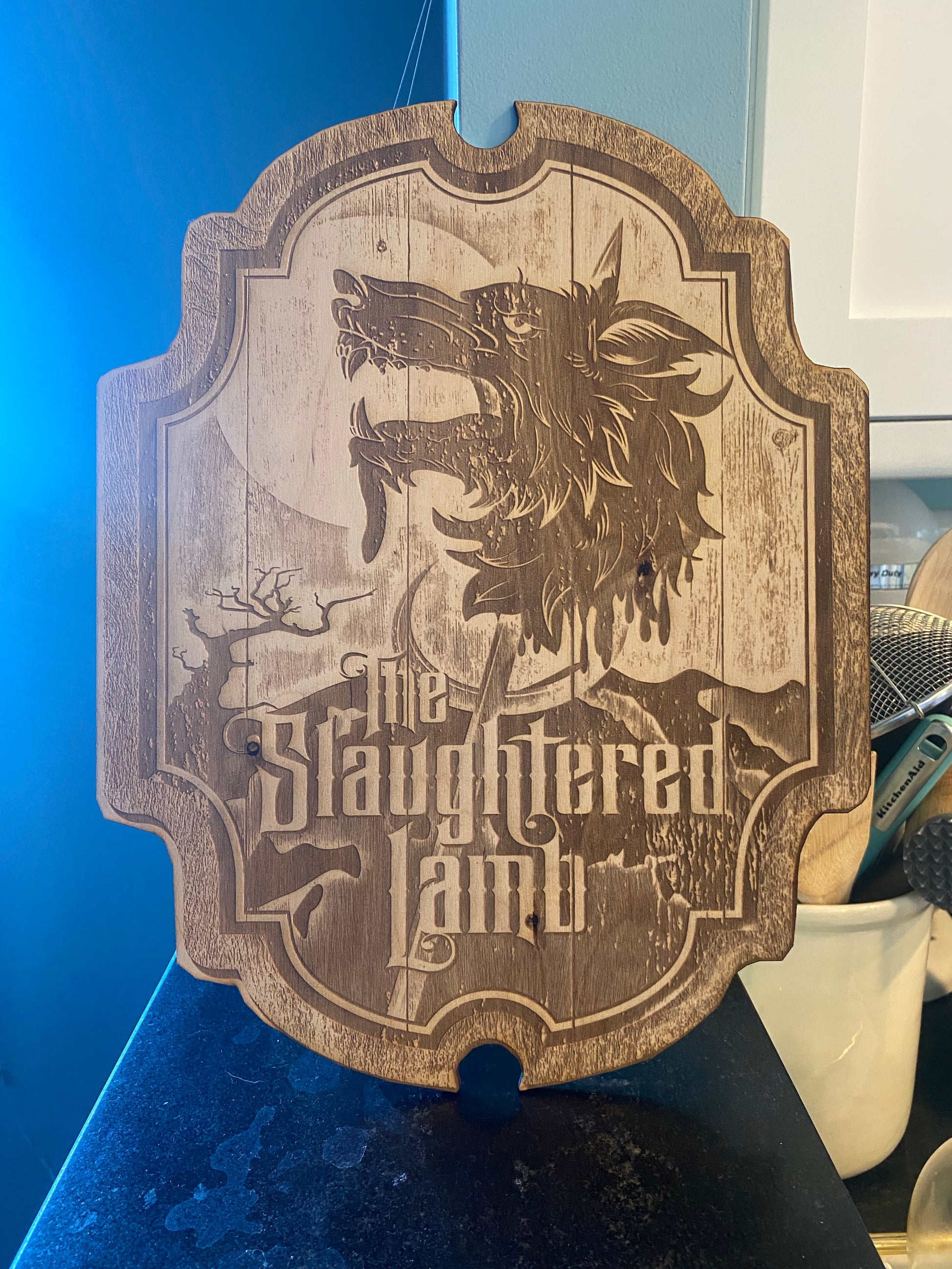 Slaughtered Lamb Pub Sign, woodwork pyrography Wall Art - Geek House Creations