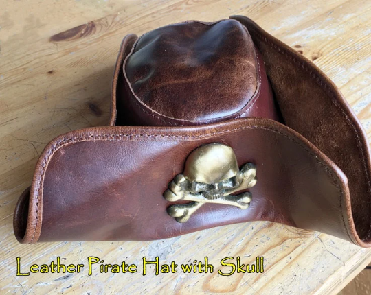 Real Leather Pirate tricorn hat with skull and crossbones - Geek House Creations
